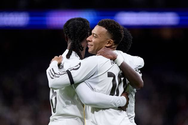 Kylian Mbappe of Real Madrid CF celebrates with his teammates after scoring a goal Real Madrid v AS Monaco, UEFA Champions League, Group Stage, Football, Estadio Bernabeu, Madrid, Spain - 20 Jan 2026Madrid Estadio Bernabeu Spain EDITORIAL USE ONLY No use with unauthorised audio, video, data, fixture lists, club league logos or live services. Online in-match use limited to 120 images, no video emulation. No use in betting, games or single club league player publications. Copyright: xRubenxAlbarran Shutterstockx 16374322ac