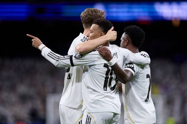 Kylian Mbappe of Real Madrid CF celebrates with his teammates after scoring a goal Real Madrid v AS Monaco, UEFA Champions League, Group Stage, Football, Estadio Bernabeu, Madrid, Spain - 20 Jan 2026Madrid Estadio Bernabeu Spain EDITORIAL USE ONLY No use with unauthorised audio, video, data, fixture lists, club league logos or live services. Online in-match use limited to 120 images, no video emulation. No use in betting, games or single club league player publications. Copyright: xRubenxAlbarran Shutterstockx 16374322ad