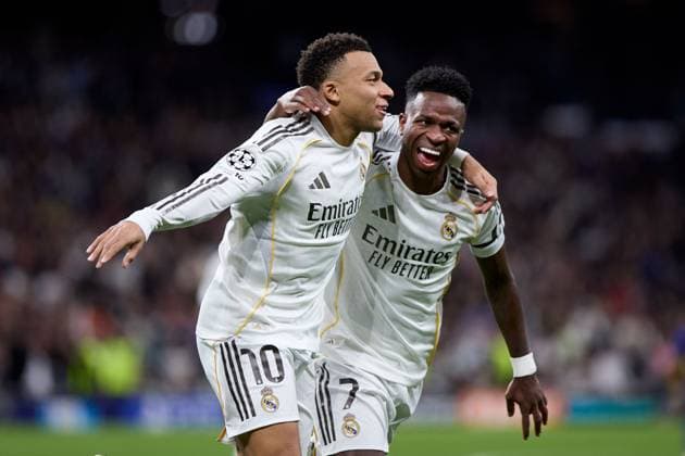 Kylian Mbappe of Real Madrid CF celebrates after scoring a goal with Vinicius Jr of Real Madrid CF Real Madrid v AS Monaco, UEFA Champions League, Group Stage, Football, Estadio Bernabeu, Madrid, Spain - 20 Jan 2026Madrid Estadio Bernabeu Spain EDITORIAL USE ONLY No use with unauthorised audio, video, data, fixture lists, club league logos or live services. Online in-match use limited to 120 images, no video emulation. No use in betting, games or single club league player publications. Copyright: xRubenxAlbarran Shutterstockx 16374322z