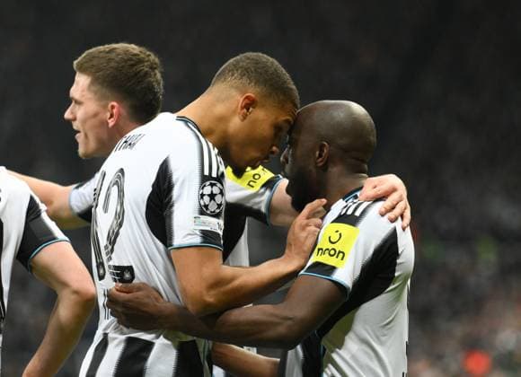 Yoane Wisse of Newcastle United celebrates scoring their first goal with Malick Thiaw of Newcastle United Newcastle United v PSV Eindhoven, UEFA Champions League, Group Stage, Football, St James Park, Newcastle, UK - 21 Jan 2026Newcastle St James Park United Kingdom EDITORIAL USE ONLY No use with unauthorised audio, video, data, fixture lists, club league logos or live services. Online in-match use limited to 120 images, no video emulation. No use in betting, games or single club league player publications. Copyright: xRichardxLee Shutterstockx 16348359ag