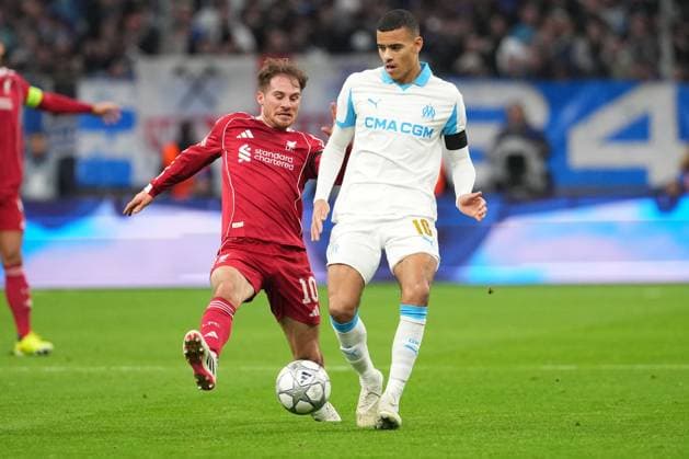 Mason Greenwood of Marseille and Alexis Mac Allister of Liverpool Marseille v Liverpool, UEFA Champions League, Group Stage, Football, Orange Velodrome, Marseille, France - 21 Jan 2026Marseille Orange Vélodrome France EDITORIAL USE ONLY No use with unauthorised audio, video, data, fixture lists, club league logos or live services. Online in-match use limited to 120 images, no video emulation. No use in betting, games or single club league player publications. Copyright: xDavexWinter Shutterstockx 16348361bv