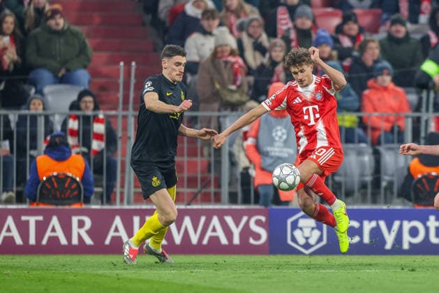Tom Bischof (FC Bayern Muenchen, 20) mit Ross Sykes (Royale Union Saint-Gilloise, 26), GER, FC Bayern Muenchen vs. Royale Union Saint-Gilloise, Fussball, UEFA Champions League, Liga-Phase, 7. Spieltag, Saison 2025 2026, 21.01.2026, GER, FC Bayern Muenchen vs. Royale Union Saint-Gilloise, Fussball, UEFA Champions League, Liga-Phase, 7. Spieltag, Saison 2025 2026, 21.01.2026 Muenchen Copyright: xEibner-Pressefoto JennixMaulx EP_JML