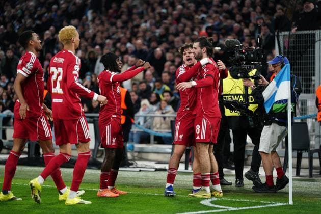 Dominik Szoboszlai of Liverpool is congratulated after putting his side 1-0 ahead Marseille v Liverpool, UEFA Champions League, Group Stage, Football, Orange Velodrome, Marseille, France - 21 Jan 2026Marseille Orange Vélodrome France EDITORIAL USE ONLY No use with unauthorised audio, video, data, fixture lists, club league logos or live services. Online in-match use limited to 120 images, no video emulation. No use in betting, games or single club league player publications. Copyright: xDavexWinter Shutterstockx 16348361ge
