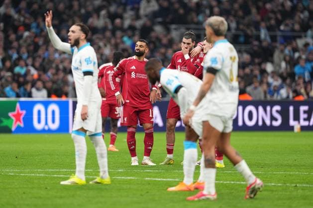Mohamed Salah of Liverpool, Dominik Szoboszlai of Liverpool and Florian Wirtz of Liverpool discuss options at a free kick Marseille v Liverpool, UEFA Champions League, Group Stage, Football, Orange Velodrome, Marseille, France - 21 Jan 2026Marseille Orange Vélodrome France EDITORIAL USE ONLY No use with unauthorised audio, video, data, fixture lists, club league logos or live services. Online in-match use limited to 120 images, no video emulation. No use in betting, games or single club league player publications. Copyright: xDavexWinter Shutterstockx 16348361ks