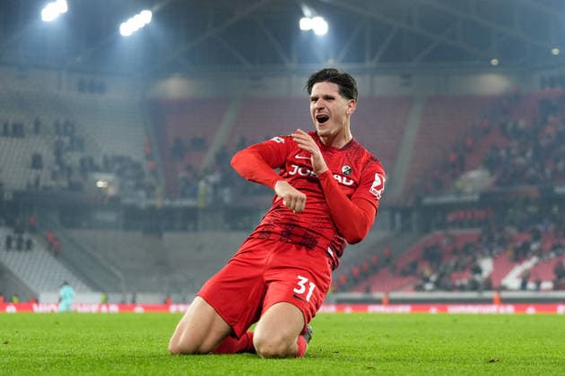 Igor Matanovic (SC Freiburg, 31) Torjubel, Emotionen, Torschuss, Abschluss, Torerfolg, Tor, Treffer , Deutschland, Fussball, UEFA Europa League, 7.Spieltag, Ligaphase, 2025 2026, SC Freiburg vs. Maccabi Tel Aviv, 22.01.2026, Europa-Park Stadion, Freiburg, Deutschland Freiburg Europa-Park Stadion Baden-Württemberg Deutschland Copyright: xArnexAmbergx