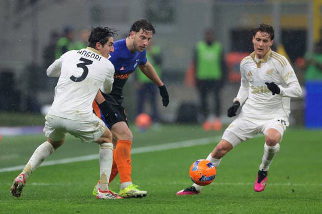 Milan, Italy, 23rd January 2026. Samuele Angori of Pisa SC, Carlos Augusto of FC Internazionale and Gabriele Piccinini of Pisa SC during the Internazionale vs Pisa SC Serie A match at Giuseppe Meazza, Milan. Picture credit should read: Jonathan Moscrop Sportimage EDITORIAL USE ONLY. No use with unauthorised audio, video, data, fixture lists, club league logos or live services. Online in-match use limited to 120 images, no video emulation. No use in betting, games or single club league player publications. SPI_116_JM_INTER_PISA_ SPI-4419-0116