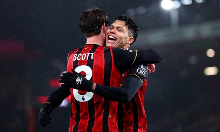 Evanilson of AFC Bournemouth celebrates scoring a goal after making the score 1-0. AFC Bournemouth v Liverpool, Premier League, Football, Vitality Stadium, Bournemouth, UK - 24 Jan 2026Bournemouth Vitality Stadium United Kingdom EDITORIAL USE ONLY No use with unauthorised audio, video, data, fixture lists, club league logos or live services. Online in-match use limited to 120 images, no video emulation. No use in betting, games or single club league player publications. Copyright: xJamesxMarsh Shutterstockx 16426007au