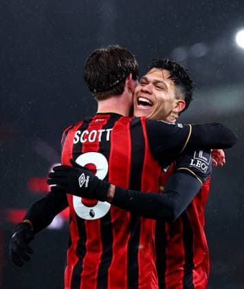 Evanilson of AFC Bournemouth celebrates scoring a goal after making the score 1-0. AFC Bournemouth v Liverpool, Premier League, Football, Vitality Stadium, Bournemouth, UK - 24 Jan 2026Bournemouth Vitality Stadium United Kingdom EDITORIAL USE ONLY No use with unauthorised audio, video, data, fixture lists, club league logos or live services. Online in-match use limited to 120 images, no video emulation. No use in betting, games or single club league player publications. Copyright: xJamesxMarsh Shutterstockx 16426007aw