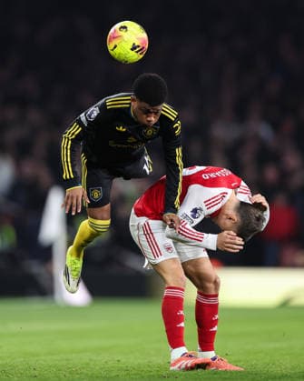 London, England, 25th January 2026. Amad Diallo of Manchester United, ManU wins a header against Leandro Trossard of Arsenal during the Arsenal vs Manchester United Premier League match at the Emirates Stadium, London. Picture credit should read: David Klein Sportimage EDITORIAL USE ONLY. No use with unauthorised audio, video, data, fixture lists, club league logos or live services. Online in-match use limited to 120 images, no video emulation. No use in betting, games or single club league player publications. SPI_024_DK_ARSENAL_vs_MAN_UNITED SPI-4480-0024
