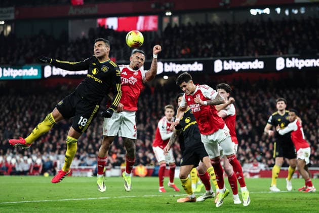 London, England, 25th January 2026. Gabriel Jesus of Arsenal makes a defensive header during the Arsenal vs Manchester United, ManU Premier League match at the Emirates Stadium, London. Picture credit should read: David Klein Sportimage EDITORIAL USE ONLY. No use with unauthorised audio, video, data, fixture lists, club league logos or live services. Online in-match use limited to 120 images, no video emulation. No use in betting, games or single club league player publications. SPI_040_DK_ARSENAL_vs_MAN_UNITED SPI-4480-0040