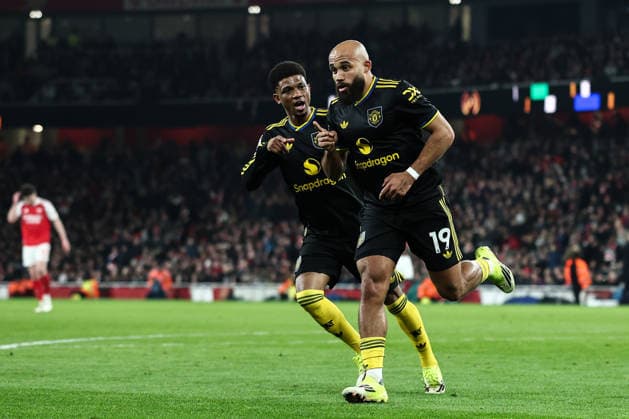 London, England, 25th January 2026. Bryan Mbeumo of Manchester United, ManU celebrates his goal to make it 1-1 during the Arsenal vs Manchester United Premier League match at the Emirates Stadium, London. Picture credit should read: David Klein Sportimage EDITORIAL USE ONLY. No use with unauthorised audio, video, data, fixture lists, club league logos or live services. Online in-match use limited to 120 images, no video emulation. No use in betting, games or single club league player publications. SPI_048_DK_ARSENAL_vs_MAN_UNITED SPI-4480-0046