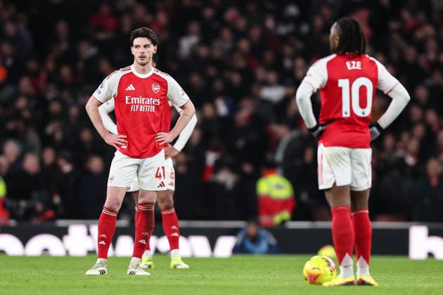 London, England, 25th January 2026. Declan Rice of Arsenal reacts to his side conceding a goal to make it 2-3 during the Arsenal vs Manchester United, ManU Premier League match at the Emirates Stadium, London. Picture credit should read: David Klein Sportimage EDITORIAL USE ONLY. No use with unauthorised audio, video, data, fixture lists, club league logos or live services. Online in-match use limited to 120 images, no video emulation. No use in betting, games or single club league player publications. SPI_076_DK_ARSENAL_vs_MAN_UNITED SPI-4480-0077