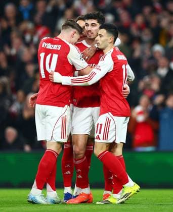 Kai Havertz of Arsenal celebrates scoring a goal after making the score 2-1. Arsenal v Kairat Almaty, UEFA Champions League, Group Stage, Football, Emirates Stadium, London, UK - 28 Jan 2026London Emirates Stadium United Kingdom EDITORIAL USE ONLY No use with unauthorised audio, video, data, fixture lists, club league logos or live services. Online in-match use limited to 120 images, no video emulation. No use in betting, games or single club league player publications. Copyright: xJamesxMarsh Shutterstockx 16429471al