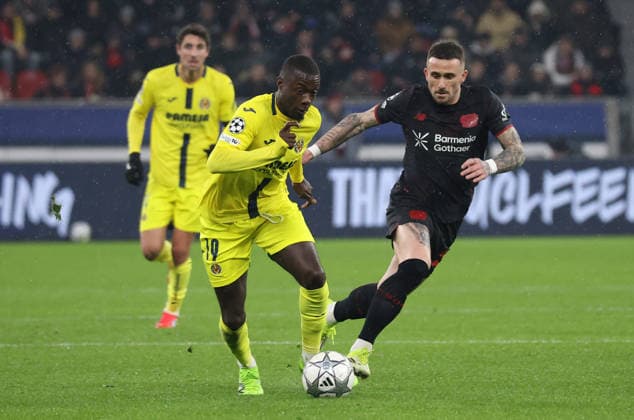 v.l. Nicolas Pepe (Villarreal CF 19), Aleix Garcia (Bayer Leverkusen, 24) GER, Bayer 04 Leverkusen vs. Villarreal CF, Fussball, Champions League, 8. Spieltag, Spielzeit 2025 2026, 28.01.2026 GER, Bayer 04 Leverkusen vs. Villarreal CF, Fussball, Champions League, 8. Spieltag, Spielzeit 2025 2026, 28.01.2026 Leverkusen Copyright: xEibner-Pressefotox xThomasxStoeckerx EP_TSR