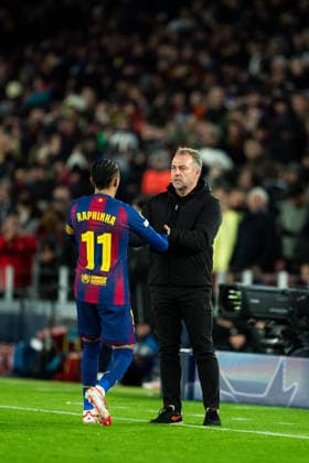 Football-Spain-Champions League FC Barcelona, Barca v FC Copenhague in Barcelona, Spain. Barcelona, Spain, 28, January, 2026. FC Barcelona player (11) Raphinha celebrates his score with Hansi Flick during Champions League match between FC Barcelona and FC Copenhague in Spotify Camp Nou Stadium, Barcelona, Spain, on January 28, 2026. Barcelona Spotify Camp Nou Stadium Barcelona Spain