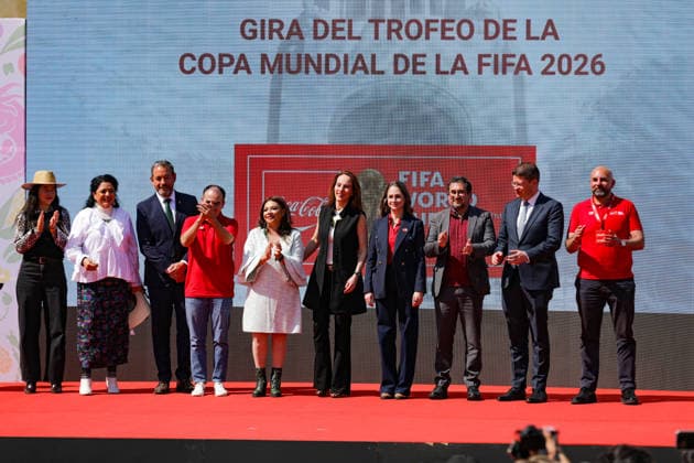January 28, 2026, Mexico City, Ciudad de Mexico, Mexico: (L-R) Alejandra Frausto Guerrero, Minister of Culture of the Government of Mexico City; Jo¼rgen Mainka Ruiz, FIFA s executive director in Mexico; Patricio Caso, Senior Director of Public Affairs, Communication and Sustainability at Coca-Cola Mexico; Head of Government of Mexico City, Clara Brugada Molina; Gabriela Cuevas, Mexico s representative for the 2026 FIFA World Cup, WM, Weltmeisterschaft, Fussball and Carmen Mendez, VP of marketing for Coca-Cola Mexico, pose during the FIFA World Cup 2026 Trophy Tour event at the Monumento a la Revolucion, where the locations that will host the FIFA World Cup 2026 trophy were announced. on January 28, 2026 inMexico City, Mexico. Mexico City Mexico - ZUMAe321 20260128_zsa_e321_008 Copyright: xIanxRoblesx