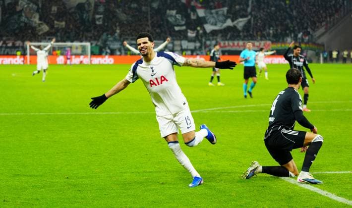 Dominic Solanke of Tottenham Hotspur celebrates scoring a goal after making it 2-0 Eintracht Frankfurt v Tottenham Hotspur, UEFA Champions League, Group Stage, Football, Deutsche Bank Park, Frankfurt, Germany - 28 Jan 2026Frankfurt Deutsche Bank Park Germany EDITORIAL USE ONLY No use with unauthorised audio, video, data, fixture lists, club league logos or live services. Online in-match use limited to 120 images, no video emulation. No use in betting, games or single club league player publications. Copyright: xJavierxGarcia Shutterstockx 16429470bt
