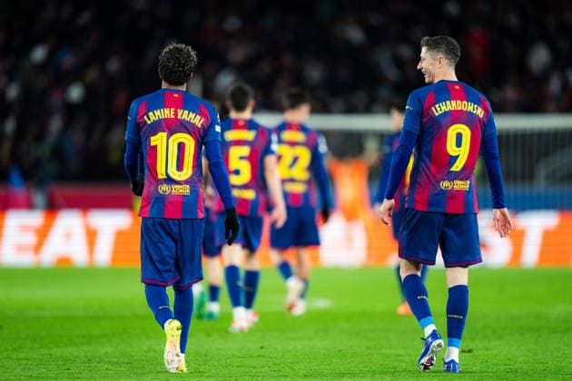 Football-Spain-Champions League FC Barcelona, Barca v FC Copenhague in Barcelona, Spain. Barcelona, Spain, 28, January, 2026. FC Barcelona player (10) Lamine Yamal (9) Robert Lewandowski during Champions League match between FC Barcelona and FC Copenhague in Spotify Camp Nou Stadium, Barcelona, Spain, on January 28, 2026. Barcelona Spotify Camp Nou Stadium Barcelona Spain