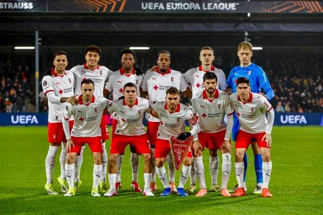 team photo of SC Braga goalkeeper Lukas Hornicek of SC Braga, Leonardo Lelo of SC Braga, Bright Arrey-Mbi of SC Braga, Gustaf Lagerbielke of SC Braga, Victor Gomez of SC Braga, Vitor Carvalho of SC Braga, Jean-Baptiste Gorby of SC Braga, Ricardo Horta of SC Braga, Florian Grillitsch of SC Braga, Rodrigo Zalazar of SC Braga, Fran Navarro of SC Braga Go Ahead Eagles v SC Braga, UEFA Europa League 2025 26 League Phase MD8, Go Ahead Eagles v SC Braga, Stadion De Adelaarshorst, January 29, 2026, Deventer, Netherlands.