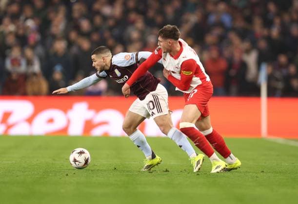 Emi Buendia of Aston Villa and Tim Trummer of Red Bull Salzburg Aston Villa v Red Bull Salzburg, UEFA Europa League, Group Stage, Football, Villa Park, Birmingham, UK - 29 Jan 2026Birmingham Villa Park United Kingdom EDITORIAL USE ONLY No use with unauthorised audio, video, data, fixture lists, club league logos or live services. Online in-match use limited to 120 images, no video emulation. No use in betting, games or single club league player publications. Copyright: xRyanxBrowne Shutterstockx 16445867av