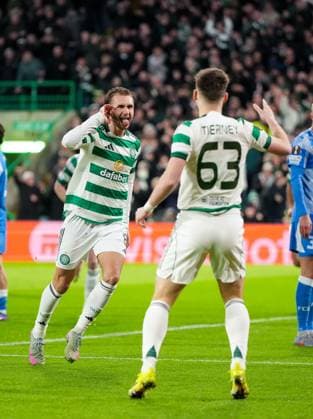 Benjamin Nygren of Celtic celebrates with Kieran Tierney of Celtic (assist) after scoring to give Celtic a 1-0 lead. Celtic v Utrecht, UEFA Europa League, Group Stage, Football, Celtic Park, Glasgow, UK - 29 Jan 2026Glasgow Celtic Park United Kingdom EDITORIAL USE ONLY No use with unauthorised audio, video, data, fixture lists, club league logos or live services. Online in-match use limited to 120 images, no video emulation. No use in betting, games or single club league player publications. Copyright: xStuartxWallace Shutterstockx 16445870p