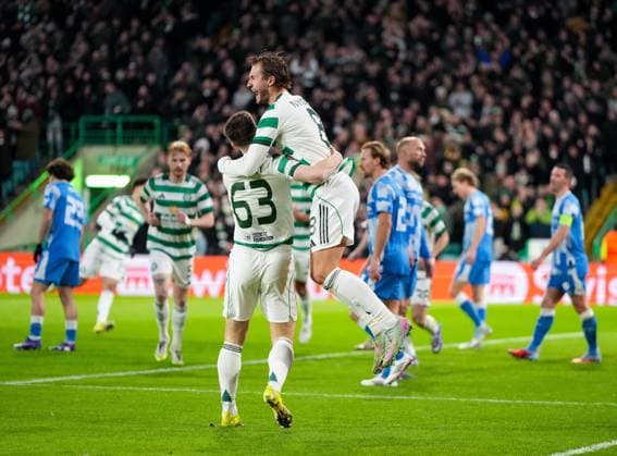 Benjamin Nygren of Celtic celebrates with Kieran Tierney of Celtic (assist) after scoring to give Celtic a 1-0 lead. Celtic v Utrecht, UEFA Europa League, Group Stage, Football, Celtic Park, Glasgow, UK - 29 Jan 2026Glasgow Celtic Park United Kingdom EDITORIAL USE ONLY No use with unauthorised audio, video, data, fixture lists, club league logos or live services. Online in-match use limited to 120 images, no video emulation. No use in betting, games or single club league player publications. Copyright: xStuartxWallace Shutterstockx 16445870x