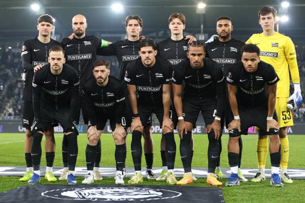 SOCCER - UEFA EL, Sturm vs Brann GRAZ,AUSTRIA,29.JAN.26 - SOCCER - UEFA Europa League, SK Sturm Graz vs SK Brann Bergen. Image shows 1st row from left Tomi Horvat, Otar Kiteishvili, Emir Karic, Emanuel Aiwu and Axel Kayombo (Sturm), 2nd row from left Arjan Malic, Jon Gorenc Stankovic, Tim Oermann, Luca Weinhandl, Maurice Malone and Daniil Khudiakov (Sturm). GEPAxpictures xChrisxBauer