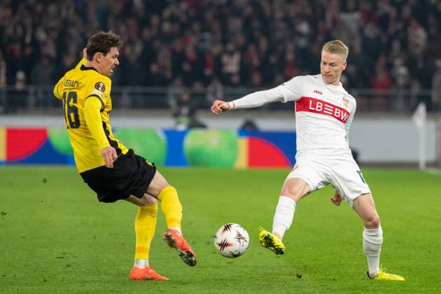 v. li. im Zweikampf Christian Fassnacht (BSC Young Boys Bern, 16), Chris Fuehrich (VfB Stuttgart, 10) GER, VfB Stuttgart vs. BSC Young Boys Bern, Fussball, UEFA Europa League, Herren, 8. Spieltag, Spielzeit 2025 2026, 29.01.2026, GER, VfB Stuttgart vs. BSC Young Boys Bern, Fussball, UEFA Europa League, Herren, 8. Spieltag, Spielzeit 2025 2026, 29.01.2026 Stuttgart Copyright: xEibner-Pressefoto WolfgangxFrankx EP_WFK