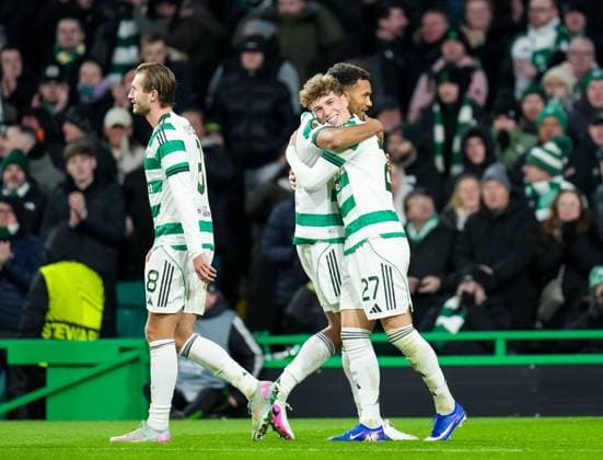 Auston Trusty of Celtic celebrates with fellow goalscorers Benjamin Nygren & Arne Engels of Celtic after scoring to give Celtic a 4-2 lead. Celtic v Utrecht, UEFA Europa League, Group Stage, Football, Celtic Park, Glasgow, UK - 29 Jan 2026Glasgow Celtic Park United Kingdom EDITORIAL USE ONLY No use with unauthorised audio, video, data, fixture lists, club league logos or live services. Online in-match use limited to 120 images, no video emulation. No use in betting, games or single club league player publications. Copyright: xStuartxWallace Shutterstockx 16445870bn