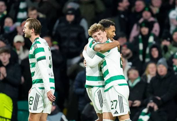 Auston Trusty of Celtic celebrates with fellow goalscorers Benjamin Nygren & Arne Engels of Celtic after scoring to give Celtic a 4-2 lead. Celtic v Utrecht, UEFA Europa League, Group Stage, Football, Celtic Park, Glasgow, UK - 29 Jan 2026Glasgow Celtic Park United Kingdom EDITORIAL USE ONLY No use with unauthorised audio, video, data, fixture lists, club league logos or live services. Online in-match use limited to 120 images, no video emulation. No use in betting, games or single club league player publications. Copyright: xStuartxWallace Shutterstockx 16445870bj