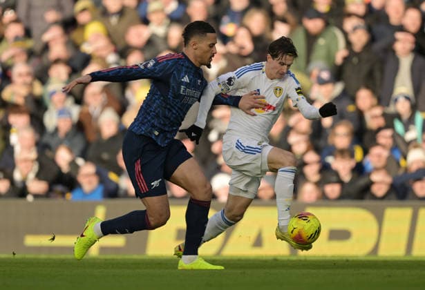 William Saliba of Arsenal and Brenden Aaronson of Leeds United Leeds United v Arsenal, Premier League, Football, Elland Road, Leeds, UK - 31 Jan 2026Leeds Elland Road United Kingdom EDITORIAL USE ONLY No use with unauthorised audio, video, data, fixture lists, club league logos or live services. Online in-match use limited to 120 images, no video emulation. No use in betting, games or single club league player publications. Copyright: xGreigxCowie Shutterstockx 16496741p