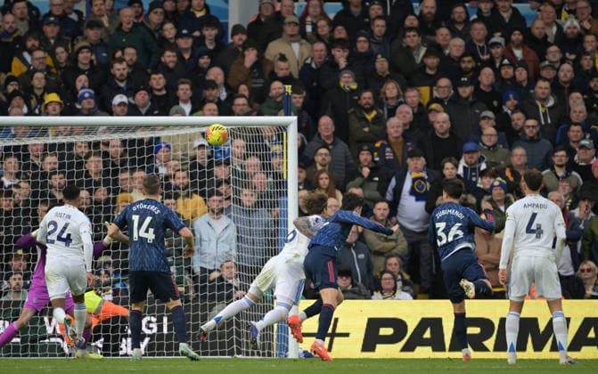 Martin Zubimendi of Arsenal scores the opeing goal 0-1 past Goalkeeper Karl Darlow of Leeds United Leeds United v Arsenal, Premier League, Football, Elland Road, Leeds, UK - 31 Jan 2026Leeds Elland Road United Kingdom EDITORIAL USE ONLY No use with unauthorised audio, video, data, fixture lists, club league logos or live services. Online in-match use limited to 120 images, no video emulation. No use in betting, games or single club league player publications. Copyright: xGreigxCowie Shutterstockx 16496741ab