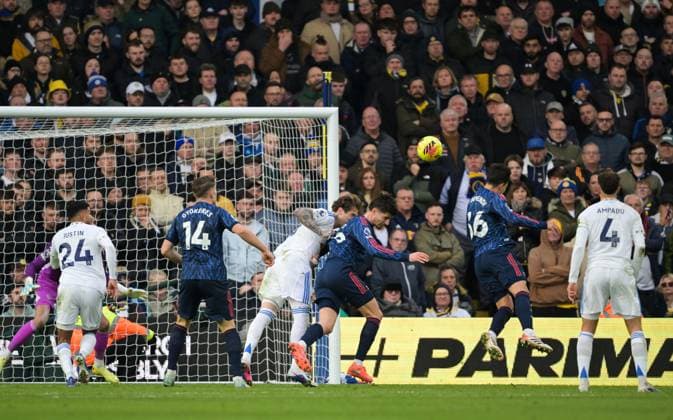 Martin Zubimendi of Arsenal scores the opeing goal 0-1 past Goalkeeper Karl Darlow of Leeds United Leeds United v Arsenal, Premier League, Football, Elland Road, Leeds, UK - 31 Jan 2026Leeds Elland Road United Kingdom EDITORIAL USE ONLY No use with unauthorised audio, video, data, fixture lists, club league logos or live services. Online in-match use limited to 120 images, no video emulation. No use in betting, games or single club league player publications. Copyright: xGreigxCowie Shutterstockx 16496741aa