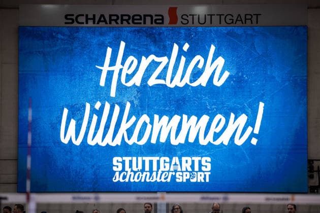 Anzeigetafel in der SCHARRena: Herzlich Wilkommen Stuttgarts schoenster GER, Allianz MTV Stuttgart - Schwarz-Weiss Erfurt, Volleyball Bundesliga, VBL, Spielzeit 2025 2026, 31.01.2026 GER, Allianz MTV Stuttgart - Schwarz-Weiss Erfurt, Volleyball Bundesliga, VBL, Spielzeit 2025 2026, 31.01.2026 Stuttgart Copyright: xSandyxDinkelackerx EP_SDR