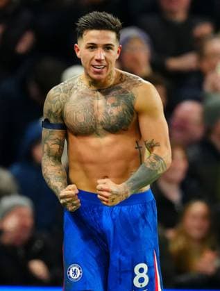 Enzo Fernandez of Chelsea celebrates scoring a goal after making it 3-2 Chelsea v West Ham United, Premier League, Football, Stamford Bridge, London, UK - 31 Jan 2026London Stamford Bridge United Kingdom EDITORIAL USE ONLY No use with unauthorised audio, video, data, fixture lists, club league logos or live services. Online in-match use limited to 120 images, no video emulation. No use in betting, games or single club league player publications. Copyright: xJavierxGarcia Shutterstockx 16496749aq