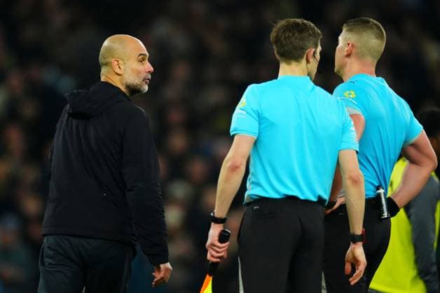 Manchester City Manager Pep Guardiola reacts towards referee Rob Jones at ful time Tottenham Hotspur v Manchester City, Premier League, Football, Tottenham Hotspur Stadium, London, UK - 01 Feb 2026London Tottenham Hotspur Stadium United Kingdom EDITORIAL USE ONLY No use with unauthorised audio, video, data, fixture lists, club league logos or live services. Online in-match use limited to 120 images, no video emulation. No use in betting, games or single club league player publications. Copyright: xJavierxGarcia Shutterstockx 16496864av