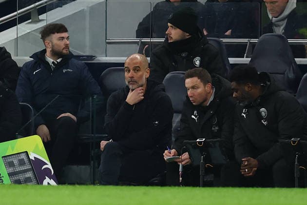 London, England, 1st February 2026. Pep Guardiola, Manager of Manchester City looks dejected during the Tottenham Hotspur vs Manchester City Premier League match at the Tottenham Hotspur Stadium, London. Picture credit should read: Paul Terry Sportimage EDITORIAL USE ONLY. No use with unauthorised audio, video, data, fixture lists, club league logos or live services. Online in-match use limited to 120 images, no video emulation. No use in betting, games or single club league player publications. SPI_060_PT_Tottenham_Man_City SPI-4504-0060