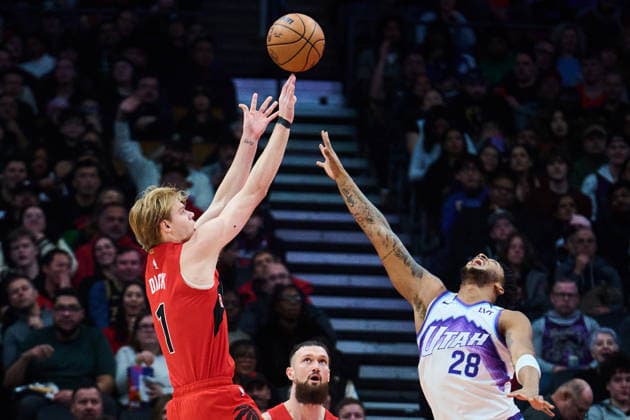 February 1, 2026, Toronto, On, Canada: Toronto Raptors Gradey Dick (1) shoots over Utah Jazz s Brice Sensabaugh (28) during first half NBA, Basketball Herren, USA basketball action in Toronto, on Sunday, Feb. 1, 2026. Canada News - February 1, 2026 - ZUMAc35_ 20260201_zaf_c35_080 Copyright: xSammyxKoganx
