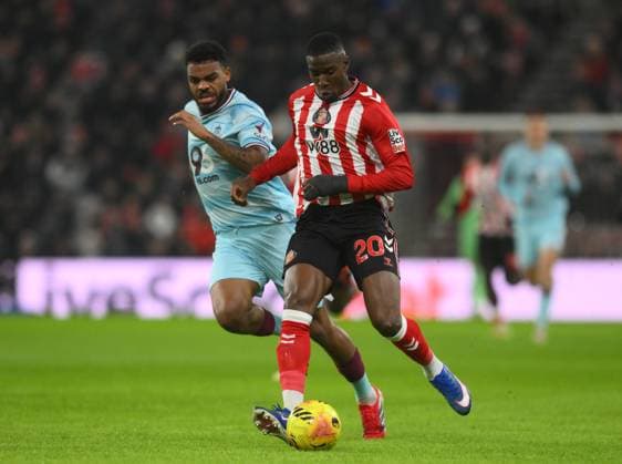 Nordi Mukiele for Sunderland (right) and Lyle Foster of Burnley Sunderland v Burnley, Premier League, Football, Stadium of Light, Sunderland, UK - 02 Feb 2026Sunderland Stadium of Light United Kingdom EDITORIAL USE ONLY No use with unauthorised audio, video, data, fixture lists, club league logos or live services. Online in-match use limited to 120 images, no video emulation. No use in betting, games or single club league player publications. Copyright: xRichardxLee Shutterstockx 16499891n