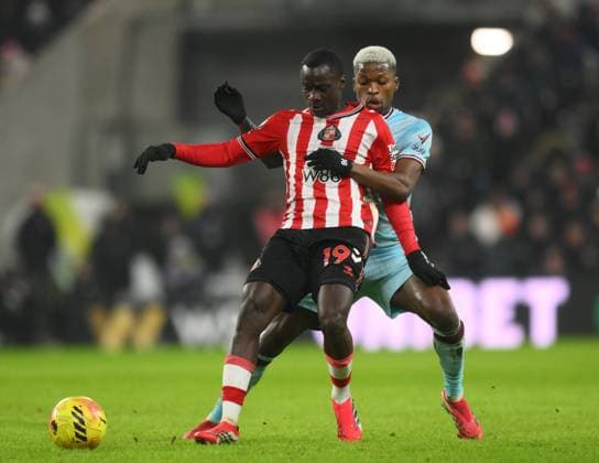 Habib Diarra of Sunderland tussles with Florentino Luis of Burnley Sunderland v Burnley, Premier League, Football, Stadium of Light, Sunderland, UK - 02 Feb 2026Sunderland Stadium of Light United Kingdom EDITORIAL USE ONLY No use with unauthorised audio, video, data, fixture lists, club league logos or live services. Online in-match use limited to 120 images, no video emulation. No use in betting, games or single club league player publications. Copyright: xRichardxLee Shutterstockx 16499891ag