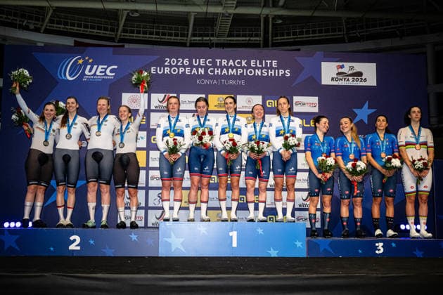 KLEIN Lisa, SÜßEMILCH Laura, KRÖGER Mieke, BRAUßE Franziska, RICHARDSON Kate, ARCHIBALD Katie., KNIGHT Josie, MORRIS Anna, COUZENS Millie, SANARINI Linda, PATERNOSTER Letizia, BALSAMO Elisa, VENTURELLI Federica: UEC Track cycling, Rad, Radsport, Bahnrad, Bahn European Championship, EM, Europameisterschaft KLEIN Lisa - SÜßEMILCH Laura - KRÖGER Mieke - BRAUßE Franziska ( GER ) Germany Second Place - RICHARDSON Kate - ARCHIBALD Katie. - KNIGHT Josie - MORRIS Anna - COUZENS Millie ( GBR ) Great Britain Winner - First Place - SANARINI Linda - PATERNOSTER Letizia - BALSAMO Elisa - VENTURELLI Federica ( ITA ) Italy Third Place - Award Ceremony - Medal Ceremony - Podium - Querformat - quer - horizontal - Landscape - Event Veranstaltung: UEC Track Cycling European Championships 2026 - Category Kategorie: Cycling - Track Cycling European Championships - Location Ort: Asia - Turkey - Türkiye - Konya - Discipline: Team Pursuit - Category: Elite Women - Distance: 4000 m - Date Datum: 02.02.2026 Monday Day 2 -