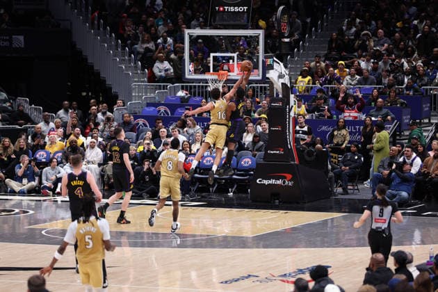 January 30, 2026, Washington, District Of Columbia, USA: BRONNY JAMES 9 of the Los Angeles Lakers dunks the ball during the game against the Washington Wizards at Capital One Arena Washington USA - ZUMAs352 20260130_zsp_s352_009 Copyright: xSabinaxShyshx