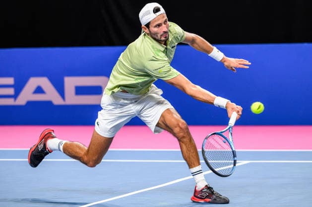 February 5, 2026, Perols, Montpellier, Occitanie, France: TITOUAN DROGUET of France returns a shot during his match against A. Kovacevic of the United States at the Open Occitanie, at Sud de France Arena in Montpellier, France. Droguet won 4:6, 7:6, 6:4. Perols, Montpellier France - ZUMAc313 20260205_zsp_c313_008 Copyright: xFaresxChafaix