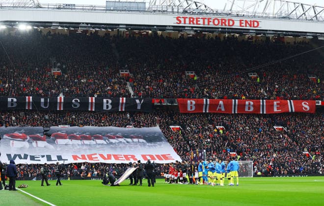 A Busby Babes banner is displayed inside the stadium ahead of the match Manchester United, ManU v Tottenham Hotspur, Premier League, Football, Old Trafford, Manchester, UK - 07 Feb 2026Manchester Old Trafford United Kingdom EDITORIAL USE ONLY No use with unauthorised audio, video, data, fixture lists, club league logos or live services. Online in-match use limited to 120 images, no video emulation. No use in betting, games or single club league player publications. Copyright: xMattxWest Shutterstockx 16524093p