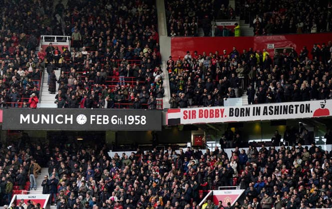 Manchester, England, 7th February 2026. Fans remember the Busby Babes before the Manchester United, ManU vs Tottenham Hotspur Premier League match at Old Trafford, Manchester. Picture credit should read: Andrew Yates Sportimage EDITORIAL USE ONLY. No use with unauthorised audio, video, data, fixture lists, club league logos or live services. Online in-match use limited to 120 images, no video emulation. No use in betting, games or single club league player publications. SPI_033_AY_Man_Utd_Spurs SPI-4511-0033
