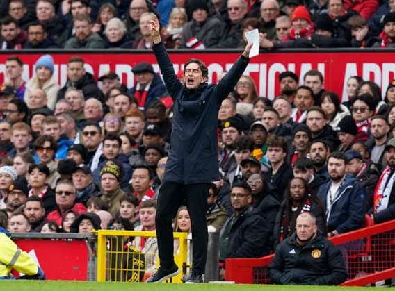 Manchester, England, 7th February 2026. Thomas Frank coach of Tottenham getting animated on the touchline during the Manchester United, ManU vs Tottenham Hotspur Premier League match at Old Trafford, Manchester. Picture credit should read: Andrew Yates Sportimage EDITORIAL USE ONLY. No use with unauthorised audio, video, data, fixture lists, club league logos or live services. Online in-match use limited to 120 images, no video emulation. No use in betting, games or single club league player publications. SPI_048_AY_Man_Utd_Spurs SPI-4511-0048