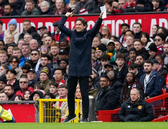 Manchester, England, 7th February 2026. Thomas Frank coach of Tottenham getting animated on the touchline during the Manchester United, ManU vs Tottenham Hotspur Premier League match at Old Trafford, Manchester. Picture credit should read: Andrew Yates Sportimage EDITORIAL USE ONLY. No use with unauthorised audio, video, data, fixture lists, club league logos or live services. Online in-match use limited to 120 images, no video emulation. No use in betting, games or single club league player publications. SPI_050_AY_Man_Utd_Spurs SPI-4511-0050
