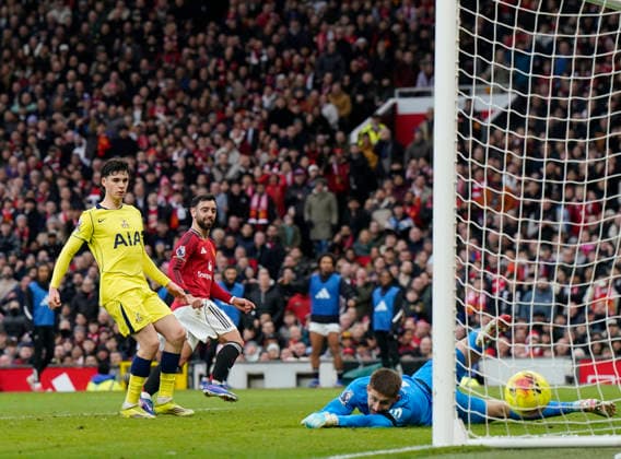 Manchester, England, 7th February 2026. Bruno Fernandes of Manchester United, ManU scores their second goal during the Manchester United vs Tottenham Hotspur Premier League match at Old Trafford, Manchester. Picture credit should read: Andrew Yates Sportimage EDITORIAL USE ONLY. No use with unauthorised audio, video, data, fixture lists, club league logos or live services. Online in-match use limited to 120 images, no video emulation. No use in betting, games or single club league player publications. SPI_080_AY_Man_Utd_Spurs SPI-4511-0080