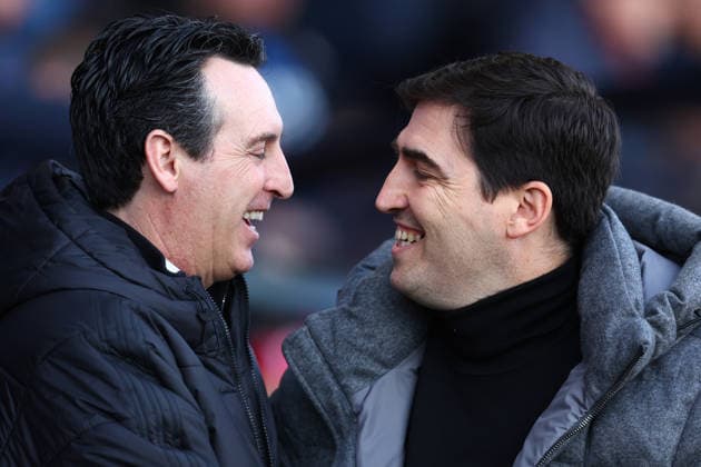 Bournemouth, England, 7th February 2026. Unai Emery, Manager of Aston Villa and Andoni Iraola, manager of Bournemouth during the AFC Bournemouth vs Aston Villa Premier League match at the Vitality Stadium, Bournemouth. Picture credit should read: Paul Terry Sportimage EDITORIAL USE ONLY. No use with unauthorised audio, video, data, fixture lists, club league logos or live services. Online in-match use limited to 120 images, no video emulation. No use in betting, games or single club league player publications. SPI_016_PT_Bournemouth_Villa SPI-4512-0016