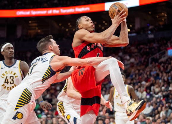 February 8, 2026, Toronto, On, Canada: Toronto Raptors forward Scottie Barnes (4) is fouled by Indiana Pacers guard T.J. McConnell (9) during second half NBA, Basketball Herren, USA action in Toronto, Sunday, Feb. 8, 2026. Canada News - February 8, 2026 - ZUMAc35_ 20260208_zaf_c35_216 Copyright: xFrankxGunnx